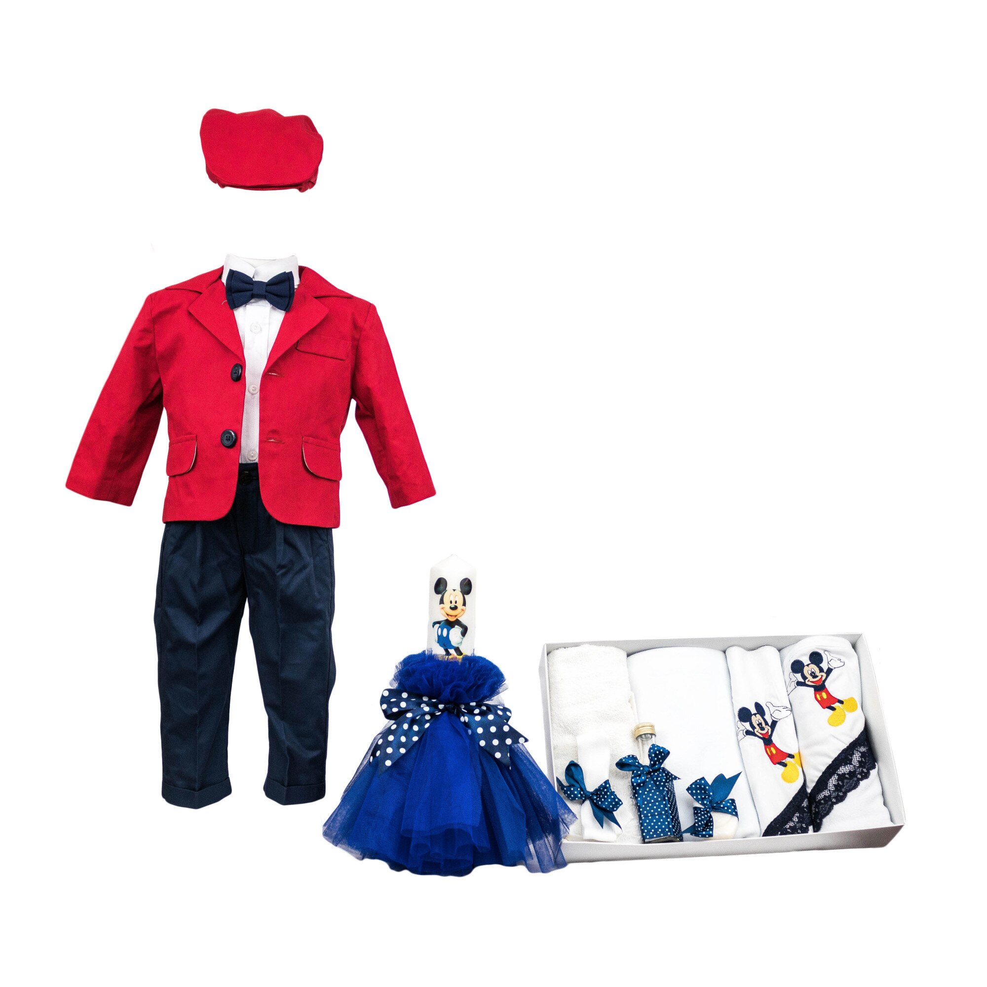 Set botez Mickey Mouse trei piese, culoare rosie, varsta 0-3 luni