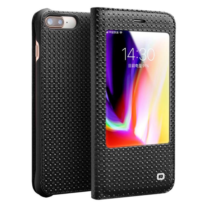 Husa iPhone 8 Plus, 7 Plus, Qialino Window View, slim din piele naturala cu fereastra, tip carte, culoare Negru