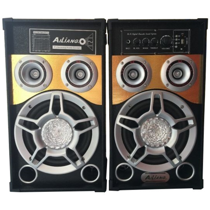 Ailiang Professional Audio hangszórók, USB csatlakozókkal, Bluetooth csatlakozással, SD kártya, led lámpák, 200 W, fekete