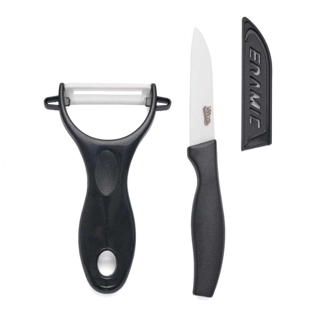 Set cutit 8CM+teaca+curatator legume, lama ceramica, NEGRU