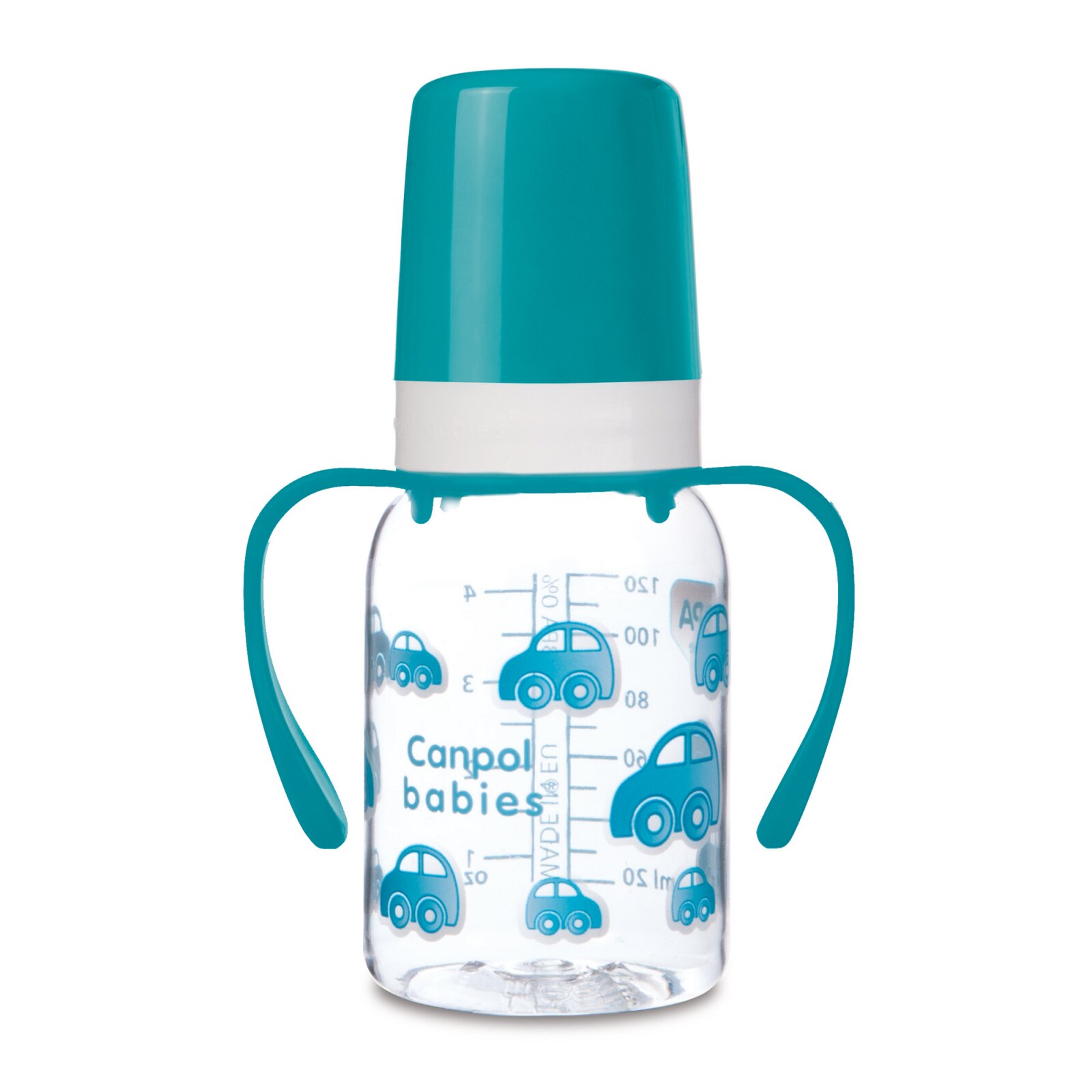 Biberon cu manere, Canpol babies®, Tritan, 120 ml, imprimat masinute albastre Albastru 120 ml