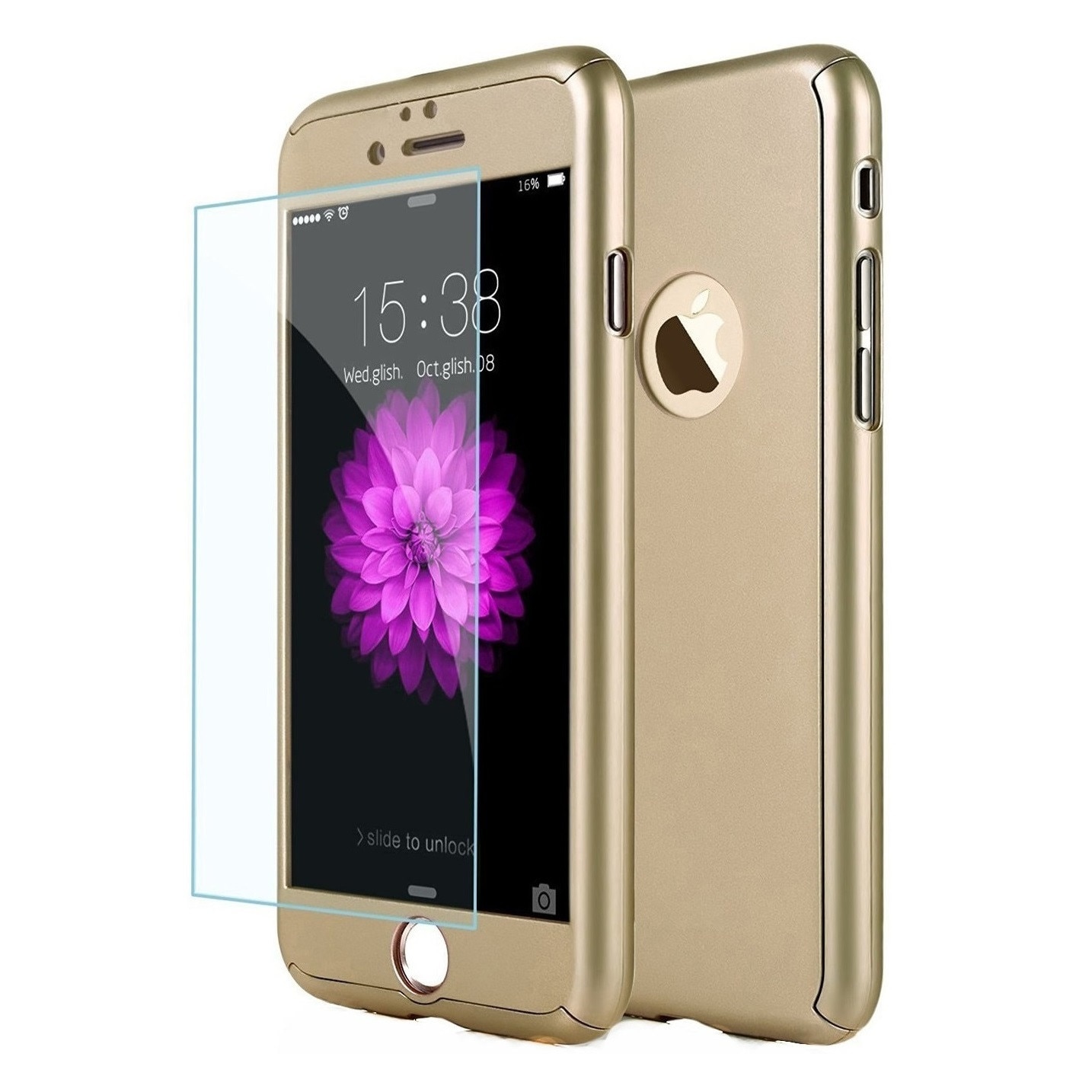 Husa Full Cover 360° (fata + spate + geam sticla) pentru iPhone 6 / 6S, Gold