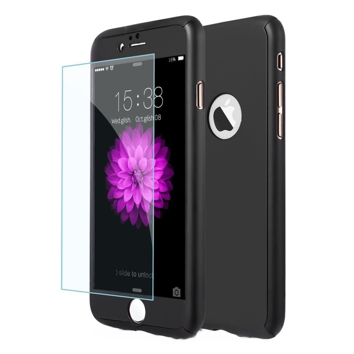 Husa Full Cover 360° (fata + spate + geam sticla) pentru iPhone 6 Plus / 6S Plus, Negru