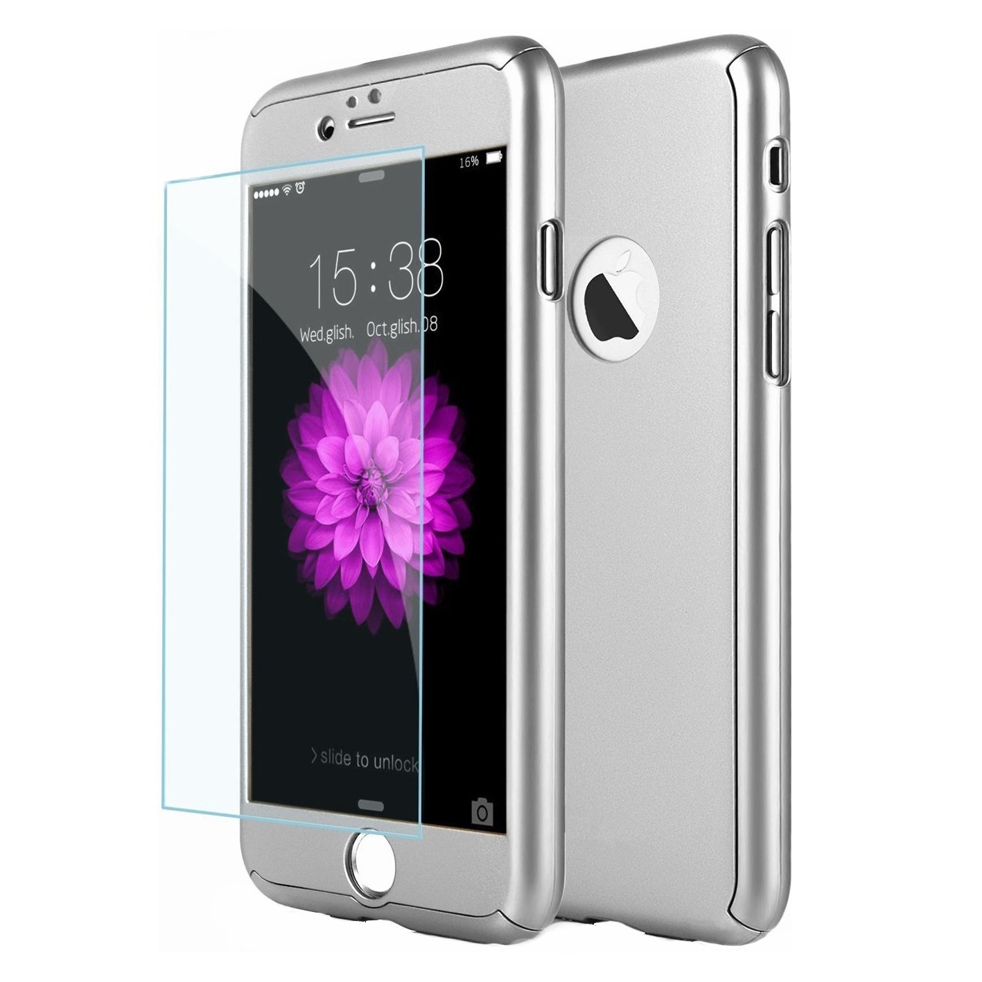 Husa Full Cover 360° (fata + spate + geam sticla) pentru iPhone 7, Silver