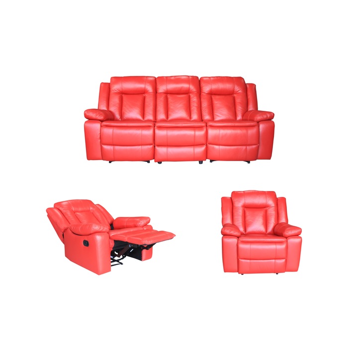 Set PIELE NATURALA Ackerley Rosu, Canapea 3 locuri cu 2 reclinere manuale si fotolii cu recliner manual