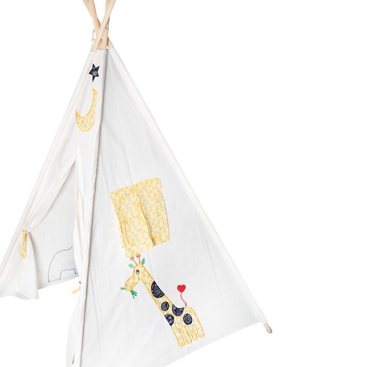 Tepee indián gyereksátor,beltéri játszósátor, fehér - állat figurákkal