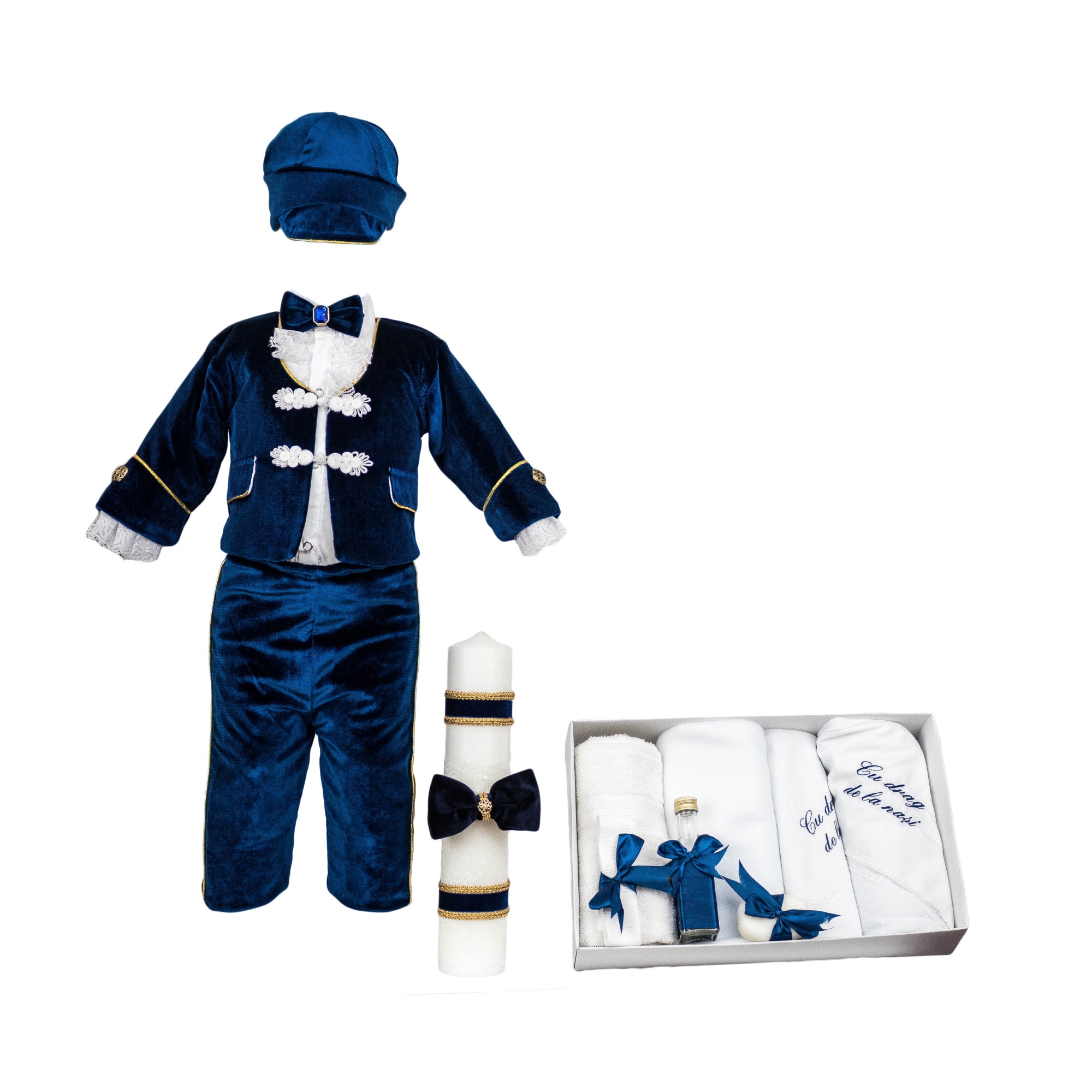 Set botez Micul Imparat, trei piese, culoare bleumarin, varsta 3-6 luni