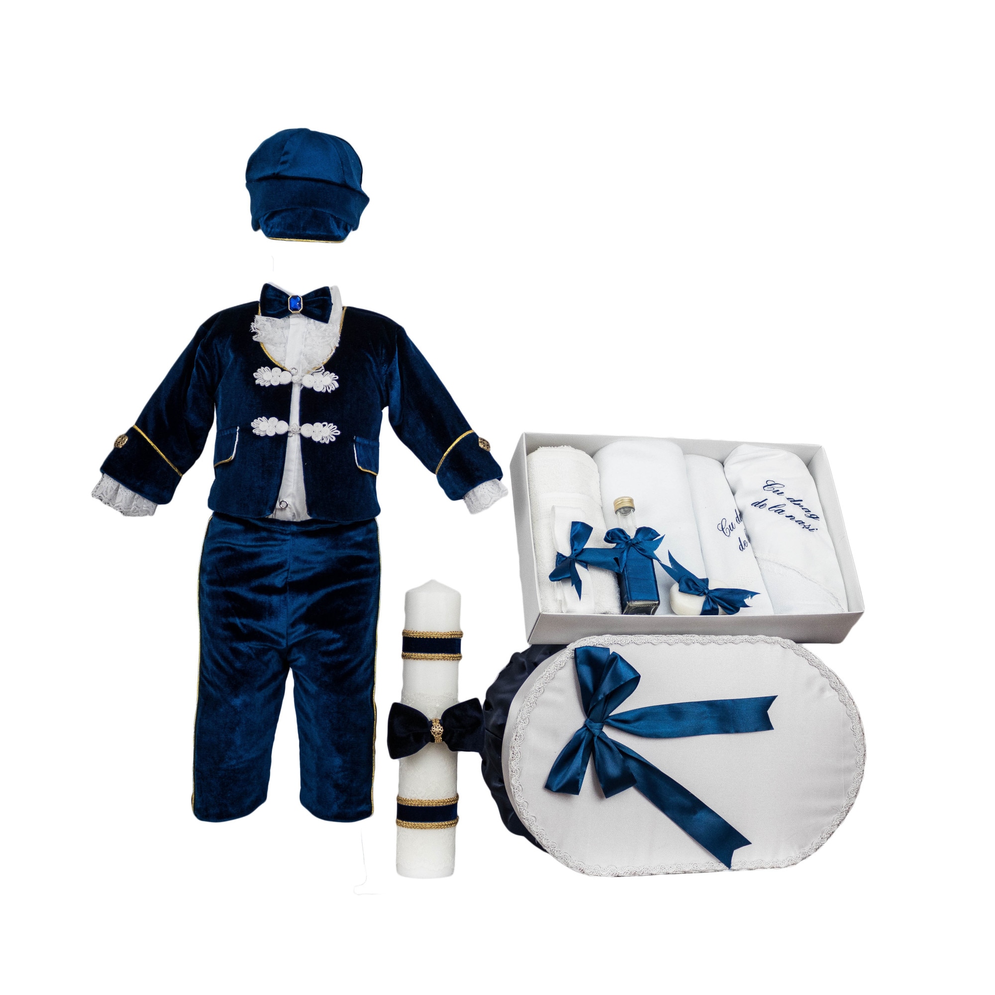 Set botez Micul Imparat, patru piese, culoare bleumarin, varsta 3-6 luni