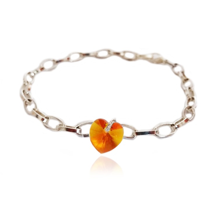Bratara dama, Olimon MDM, Aliaj, cu cristal Swarovski® Heart, Topaz, lungime 22 cm, Portocaliu