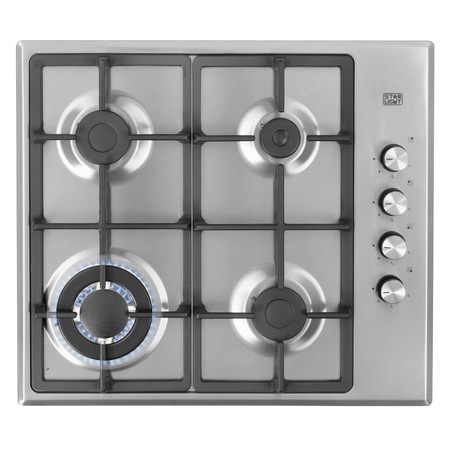 Plita incorporabila Star-Light BHS-60WSS, Gaz, 4 Arzatoare, 60 cm, Arzator Wok, Gratar fonta, Aprindere electrica, Inox
