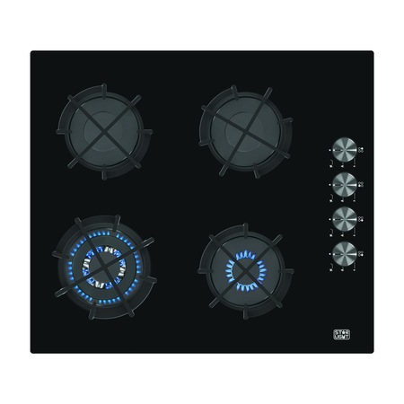 Plita incorporabila Star-Light BHS-60WSBL, Gaz, 4 Arzatoare, 60 cm, Arzator Wok, Gratar fonta, Aprindere electrica, Sticla neagra