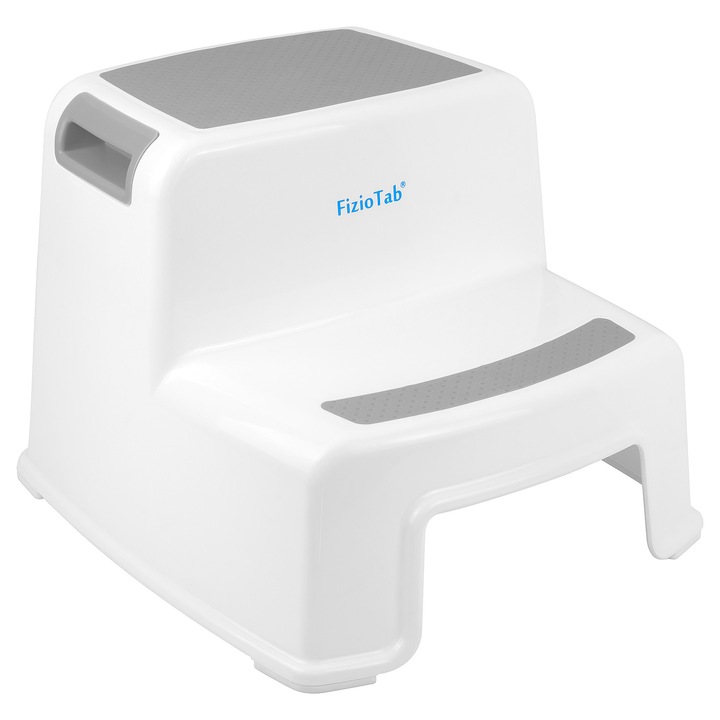 Scaunel Copii Inaltator WC in Doua Trepte FizioTab®, Taburet Copii Utilizare in Baie, Toaleta, Chiuveta sau in Bucatarie - Scaun Tip Scara cu Suprafata Antialunecare pentru Confort si Siguranta, Multifunctional, Alb/Gri