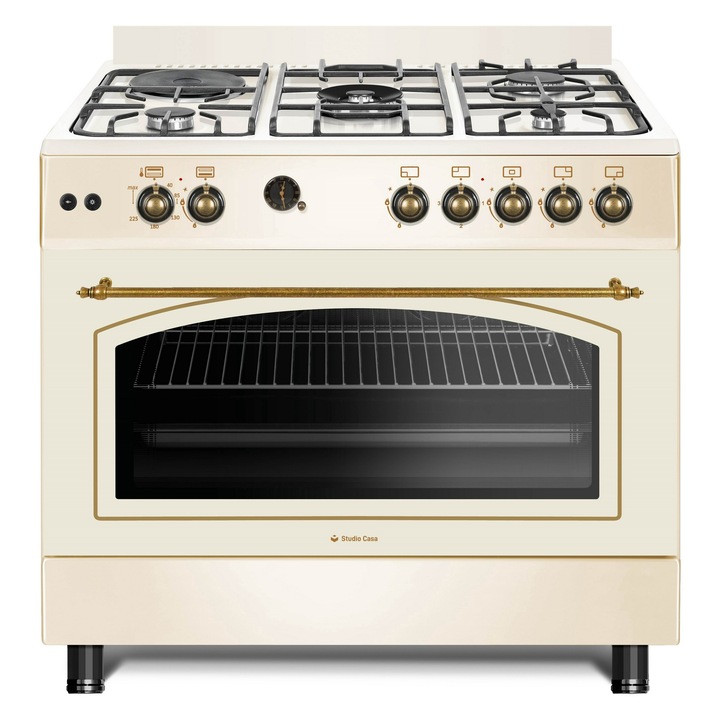 Aragaz Studio Casa, FE90/60 Avena Rustic, 90 cm, Cuptor gaz, 4 arzatoare gaz+ 1 ochi electric, Rotisor, Grill, Gratare fonta