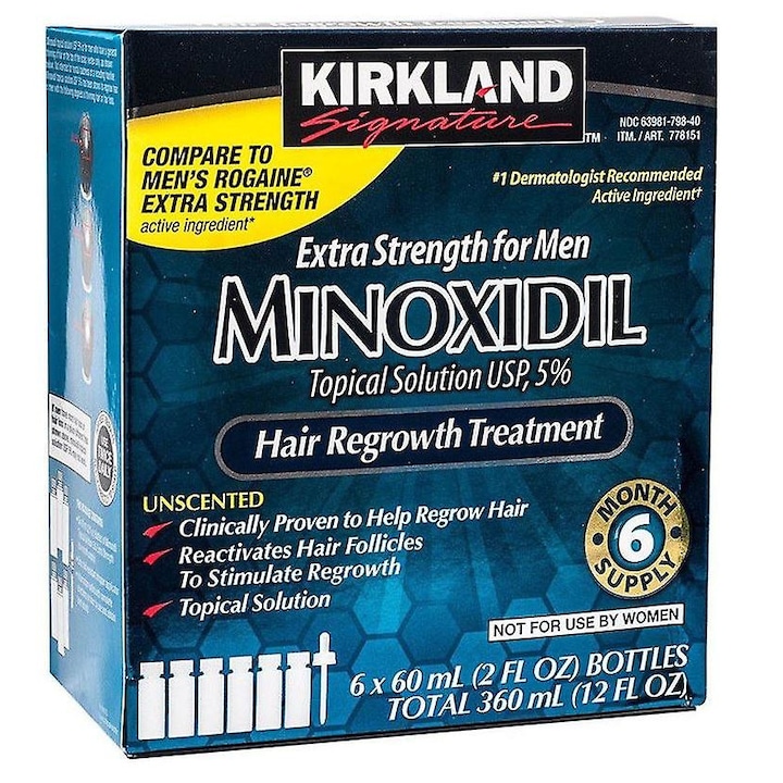Kirkland, Extra Strong, helyi alkalmazás, hajhullás ellen, Minoxidil 5%, Kezelés 6 hónap (6x60g palack)