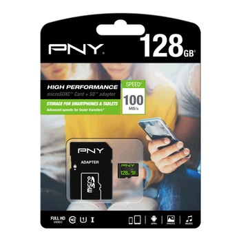 PNY MicroSDXC 128GB Class 10 High Performance, 100/20MB/s UHS-I, ideal filmare FullHD, WaterProof, ShockProof, Temperature Proof PNY MicroSDXC 128GB Class 10 High Performance, 100/20MB/s UHS-I, ideal filmare FullHD, WaterProof, ShockProof, Temperature Proof