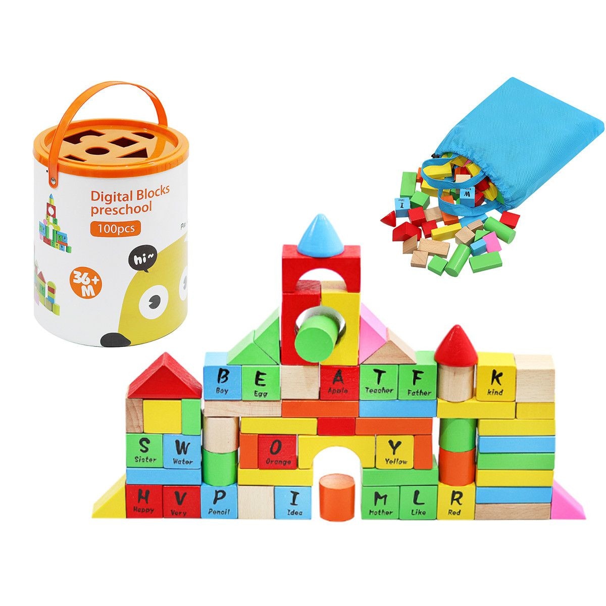 Puzzle Interactiv IDL Cube Words cu Diverse Forme , 100 Cuburi de diverse forme si culori , Ajuta la dezvoltarea creativitatii si coordonarii Mana-Ochi pentru copii , Material : Lemn , Culoare : Multicolor