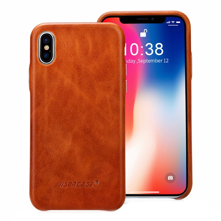 Husa pentru iPhone XS Max, Jison Case Classic, slim din piele naturala, fara clapeta, culoare Maro coniac