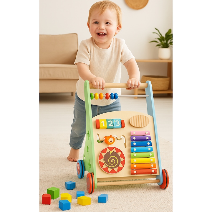 Premergator Interactiv IDL Wooden Puzzle, ajuta la invatarea primilor pasi, dezvolta abilitati manuale, coordoneaza miscarea si dezvolta simturile, Material : Lemn, Culoare : Multicolor