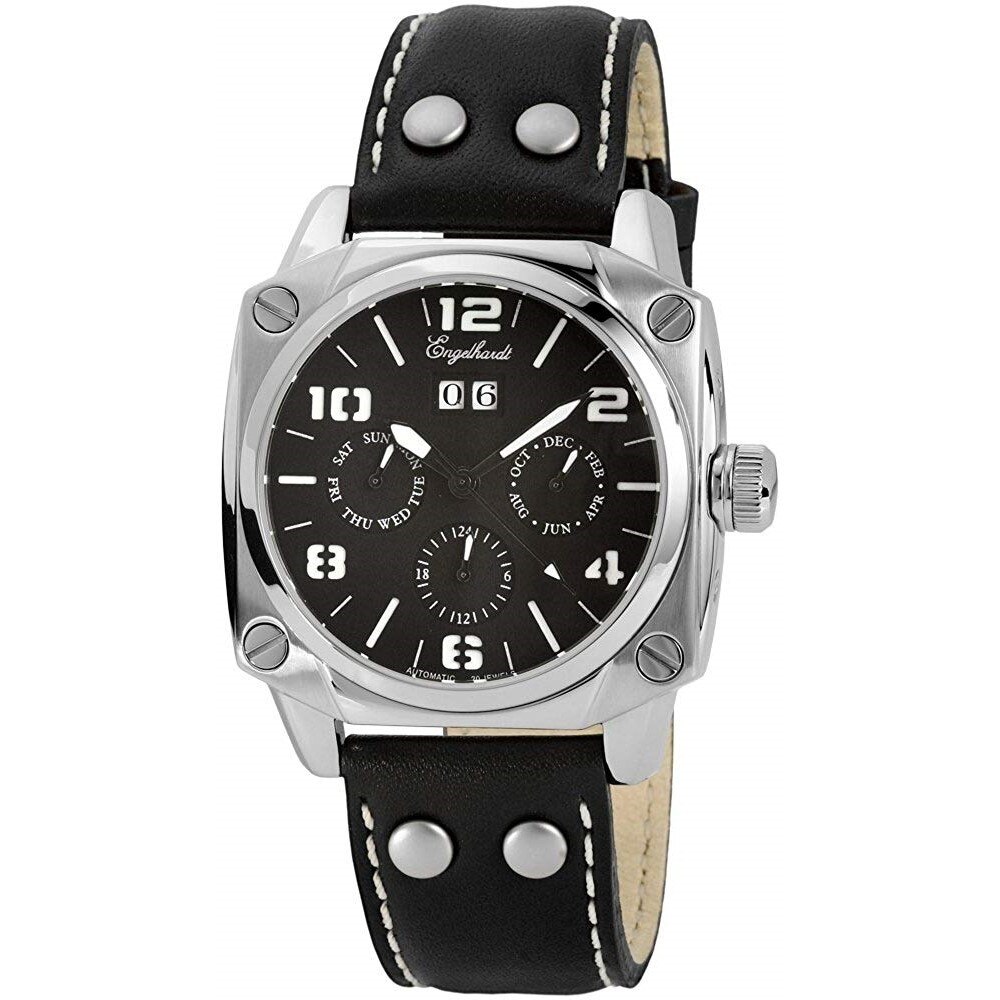 Ceas barbati, Engelhardt, automatic, carcasa argintie, cadran si curea piele neagra
