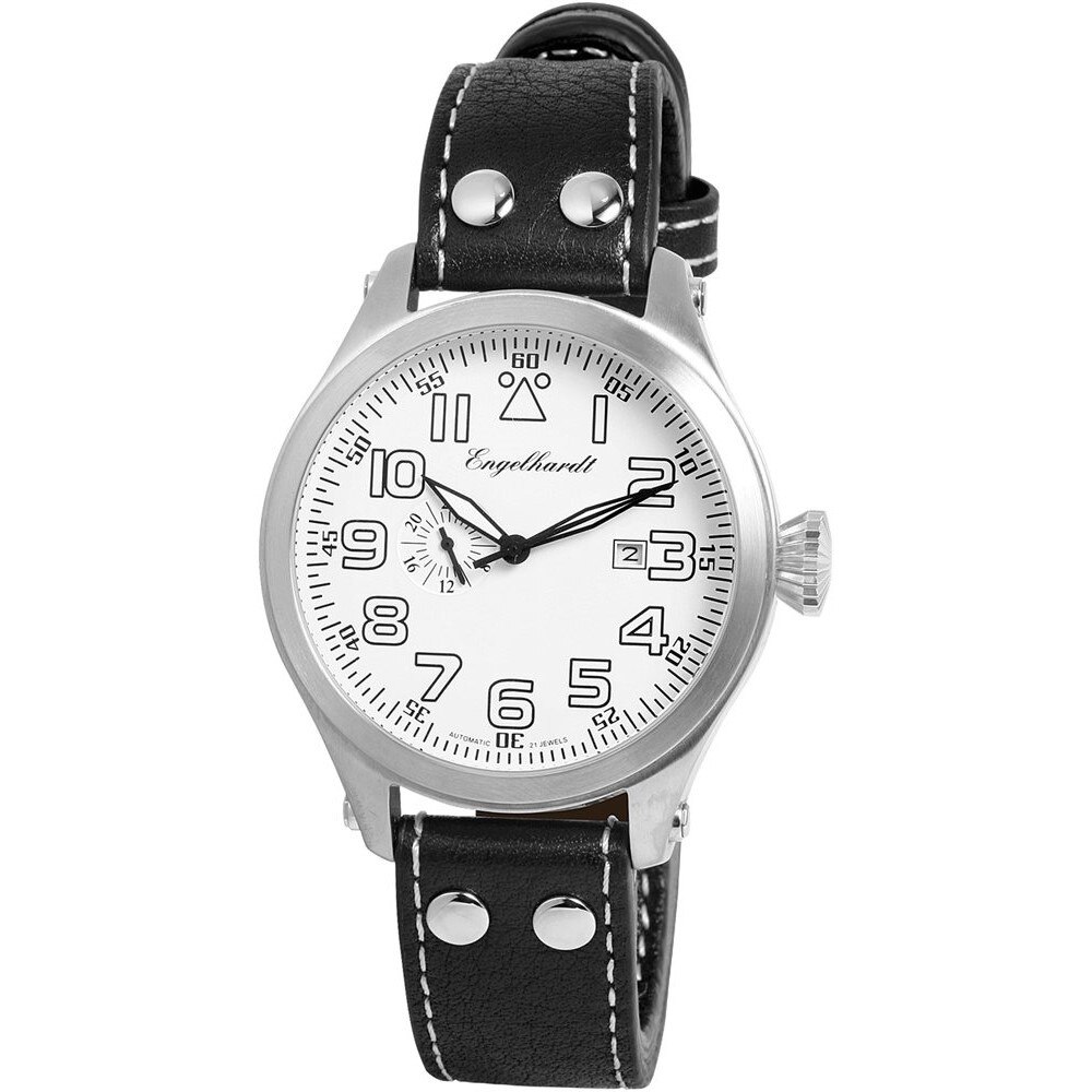 Ceas barbati, Engelhardt, automatic, carcasa argintie, curea piele neagra