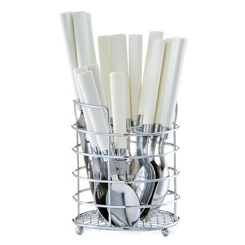 Set tacamuri Zeller, otel inoxidabil, 17 piese, suport inclus, manere plastic, Alb Set tacamuri Zeller, otel inoxidabil, 17 piese, suport inclus, manere plastic, Alb