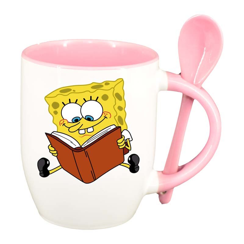 Cana SpongeBob cu lingurita, interior roz, 330ml, D98