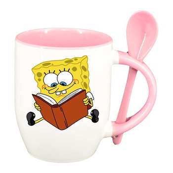 Cana SpongeBob cu lingurita, interior roz, 330ml, D98 Cana SpongeBob cu lingurita, interior roz, 330ml, D98