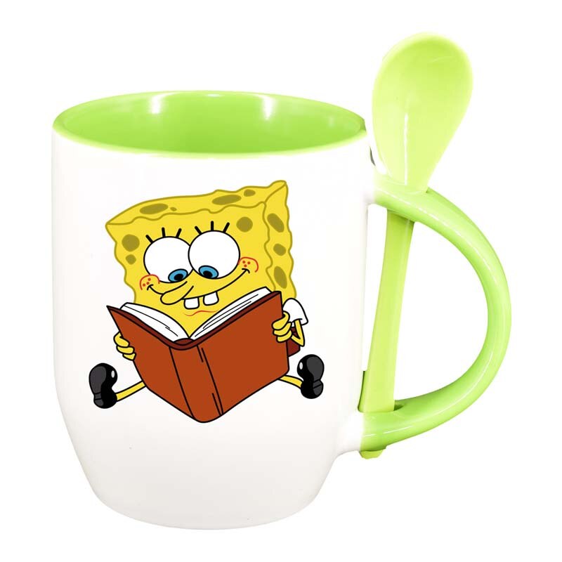 Cana SpongeBob cu lingurita, interior verde deschis, 330ml, D98