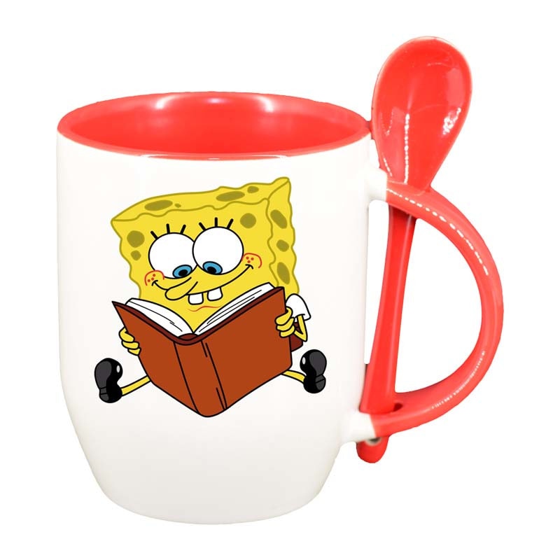 Cana SpongeBob cu lingurita, interior rosu, 330ml, D98