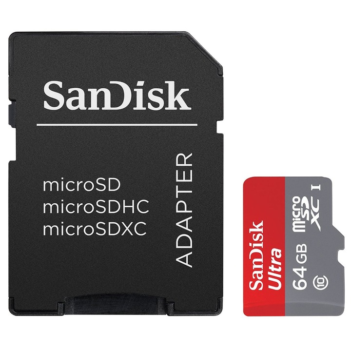 Card de memorie SanDisk Ultra MicroSDXC, 64GB, UHS-I, Class 10 + Adaptor