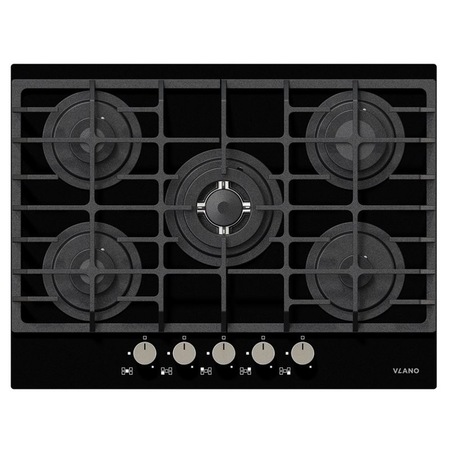 Plita incorporabila Vlano PL 705 BK, latime 70 cm., 5 Arzatoare SABAF, WOK, Gaz, Aprindere electrica, Sticla neagra