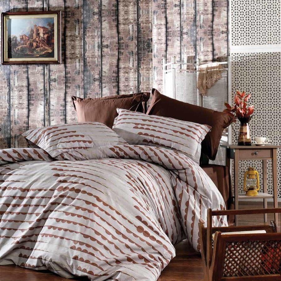 Lenjerie de Pat, Bumbac Ranforce Lux, Model Semicercuri Crem, 2 persoane, 70X70, 220X200