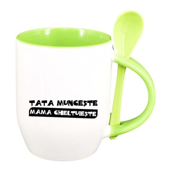 Cana Tata cu lingurita, interior verde deschis, 330ml, D89 Cana Tata cu lingurita, interior verde deschis, 330ml, D89
