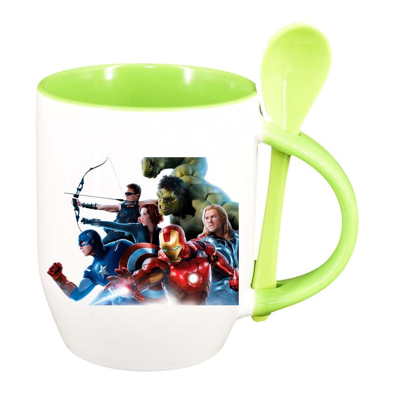 Cana Avengers cu lingurita, interior verde deschis, 330ml, D107