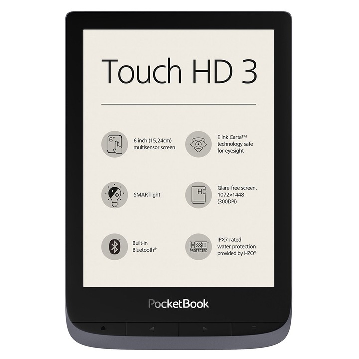 eBook четец PocketBook Touch HD3, 6", 16GB, Водоустойчив, WiFi, Bluetooth, Сив металик