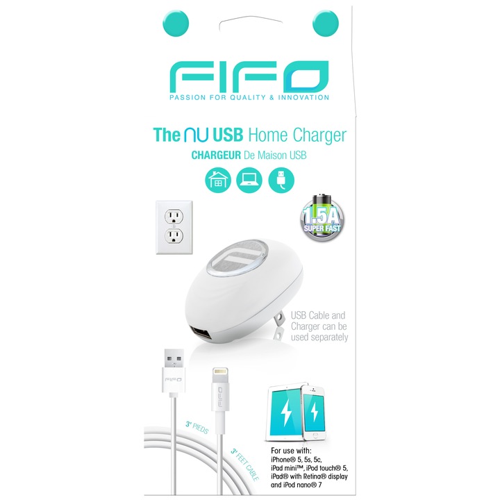 Fifo Telefontöltő kábellel, 220V/USB, 1.5A, 90 cm, iPhone 5/6/7