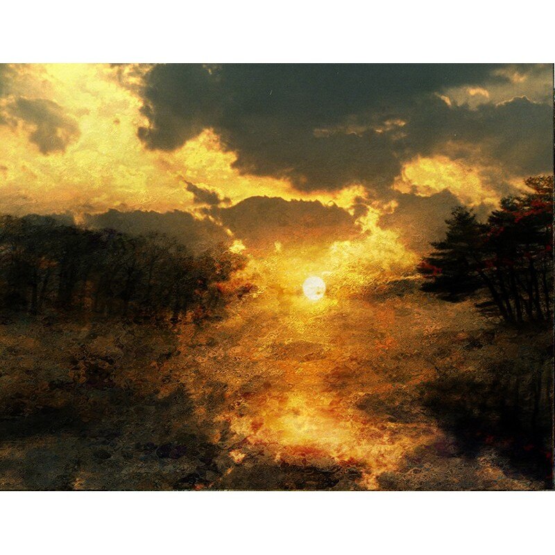 Tablou canvas, produs DekoStore, pentru living/dormitor/birou, inramat pe cadru de lemn, print HD, Apus de soare stilizat, 40x30 cm