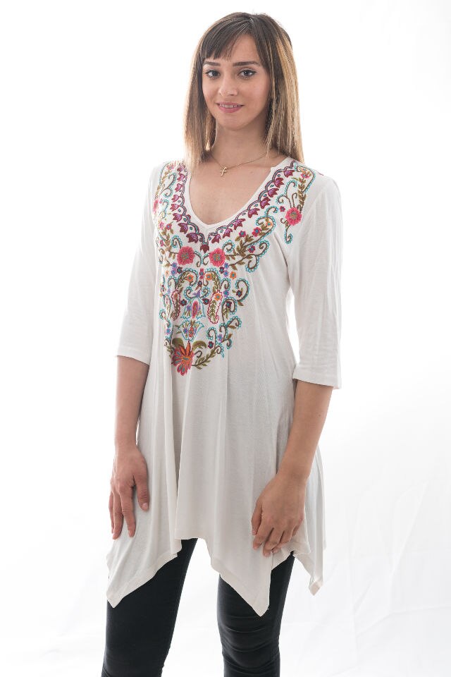 Bluza Cara cu broderie florala, Alb, M-L