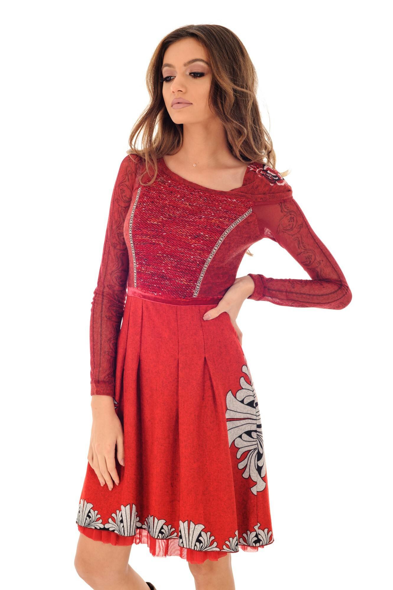 Rochie rosie, ROH, cu maneci lungi din dantela