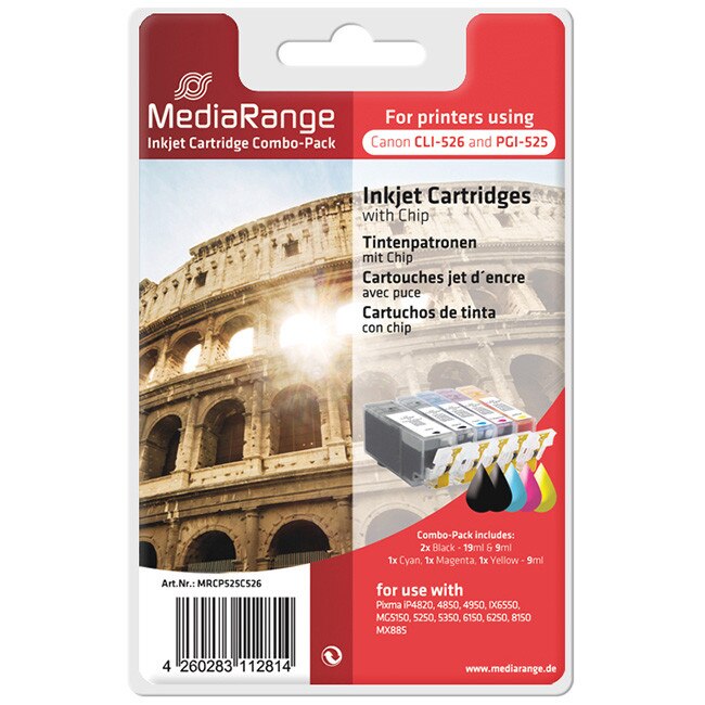 Set MediaRange compatibil cu Canon CLI-526 BLACK, YELLOW, MAGENTA, CYAN , PGI-525 Negru