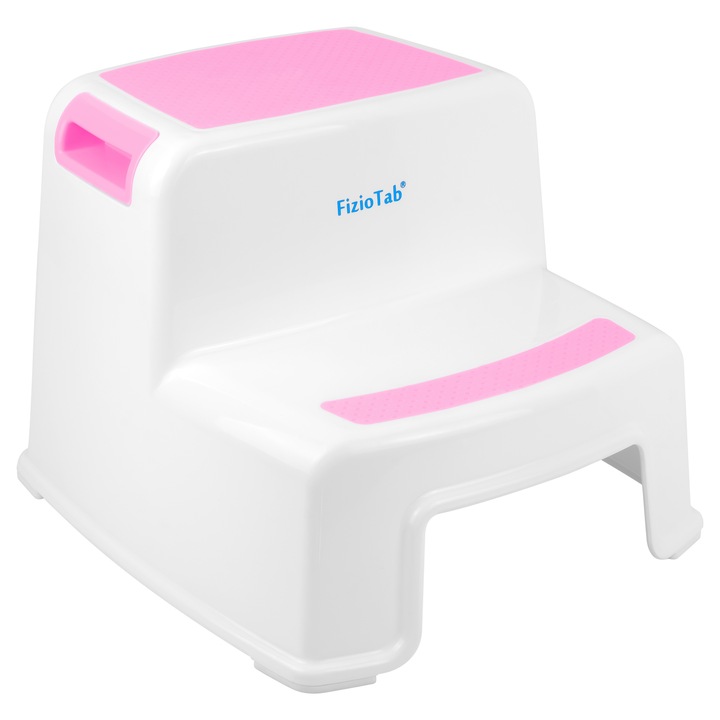 Scaunel Copii Inaltator WC in Doua Trepte FizioTab®, Taburet Copii Utilizare in Baie, Toaleta, Chiuveta sau in Bucatarie - Scaun Tip Scara cu Suprafata Antialunecare pentru Confort si Siguranta, Multifunctional, Alb/Roz