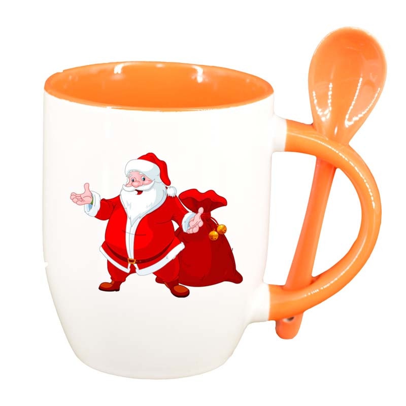 Cana Mos Craciun cu lingurita, interior portocaliu, 330ml, D162