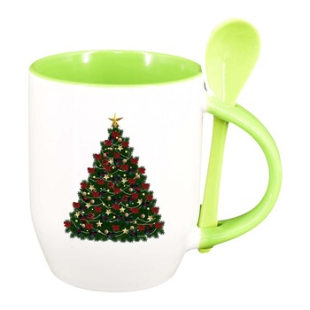 Cana Craciun cu lingurita, interior verde deschis, 330ml, D165 Cana Craciun cu lingurita, interior verde deschis, 330ml, D165