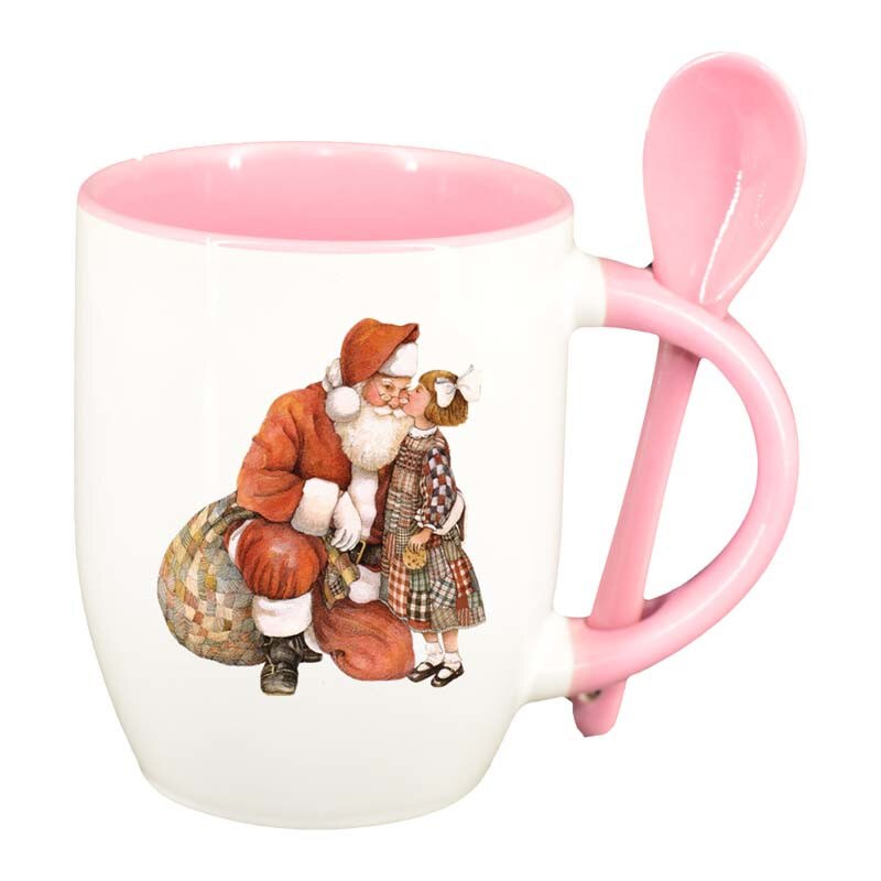 Cana Mos Craciun cu lingurita, interior roz, 330ml, D167