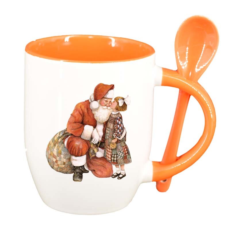 Cana Mos Craciun cu lingurita, interior portocaliu, 330ml, D167