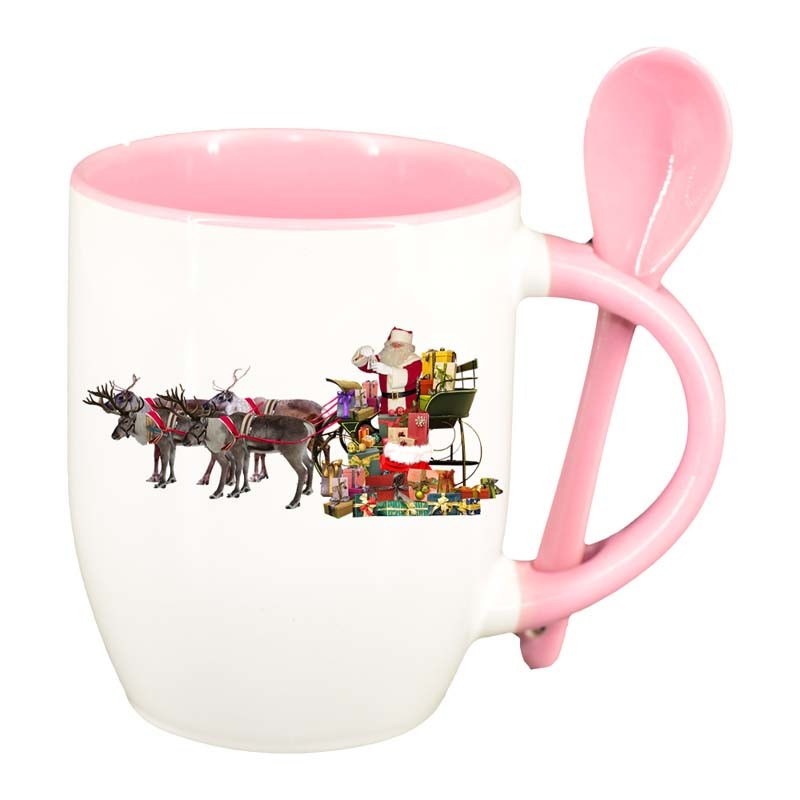 Cana Mos Craciun cu lingurita, interior roz, 330ml, D168