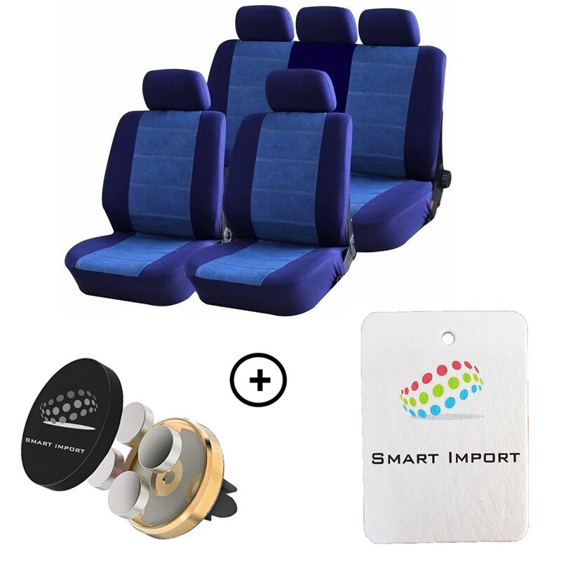 Huse auto Universale Jeans Poliester+Bumbac, 9 piese, Negru/Albastru + Cadou suport magnetic telefon SI-005 + Cadou Odorizant Masina