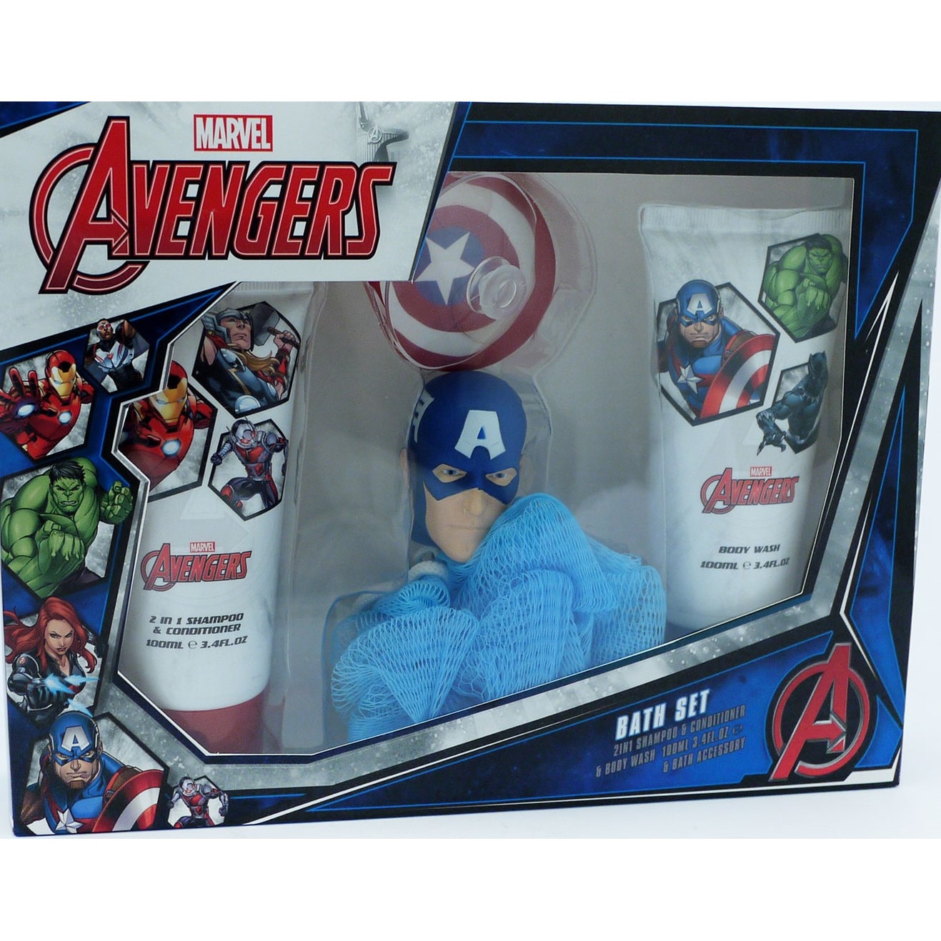 Set Sampon 2 in 1 si Gel de dus Marvel Avengers 2 x 100 ml + Accesoriu Captain America