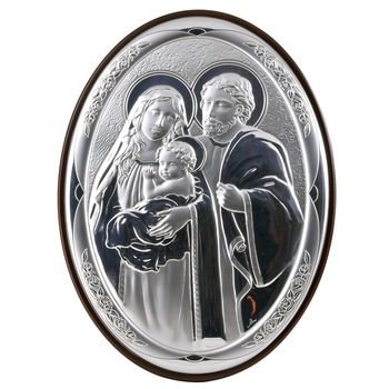 Icoana placata cu argint - Sfanta Familie - Finisaj lemn alun, Oval V, 18,5x13,7 cm, 3/4 Icoana placata cu argint - Sfanta Familie - Finisaj lemn alun, Oval V, 18,5x13,7 cm, 3/4