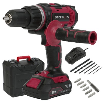 Masina de gaurit si insurubat (bormasina) cu percutie, cu acumulator 18V 1.5Ah Li-Ion Steinhaus, PRO-CD18H, 50Nm, 2 trepte 440/1650 RPM, mandrina rapida 13mm, 13 accesorii, cutie plastic Masina de gaurit si insurubat (bormasina) cu percutie, cu acumulator 18V 1.5Ah Li-Ion Steinhaus, PRO-CD18H, 50Nm, 2 trepte 440/1650 RPM, mandrina rapida 13mm, 13 accesorii, cutie plastic
